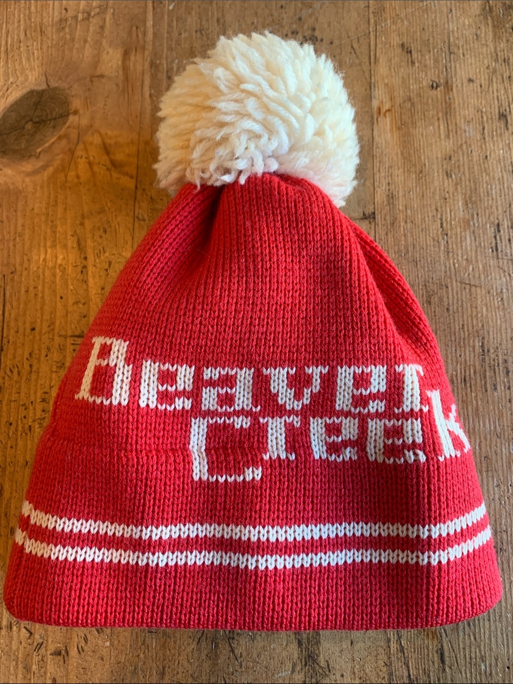 Charlie’s Hats Vintage Pure Wool Red Knit Pom Beanie with White Accents